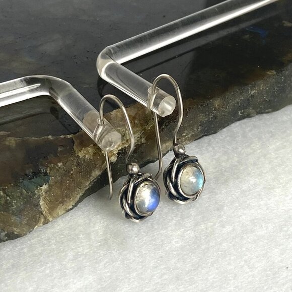 Sterling Silver 925 Round Floral Moonstone Drop Dangle Earrings - Picture 5 of 16